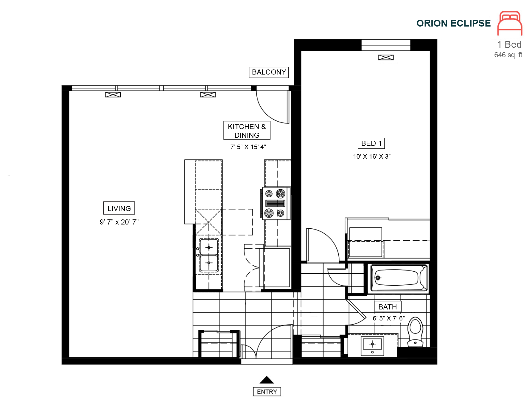 Floor plan for 1 bed, 1 bath, 646 sqft